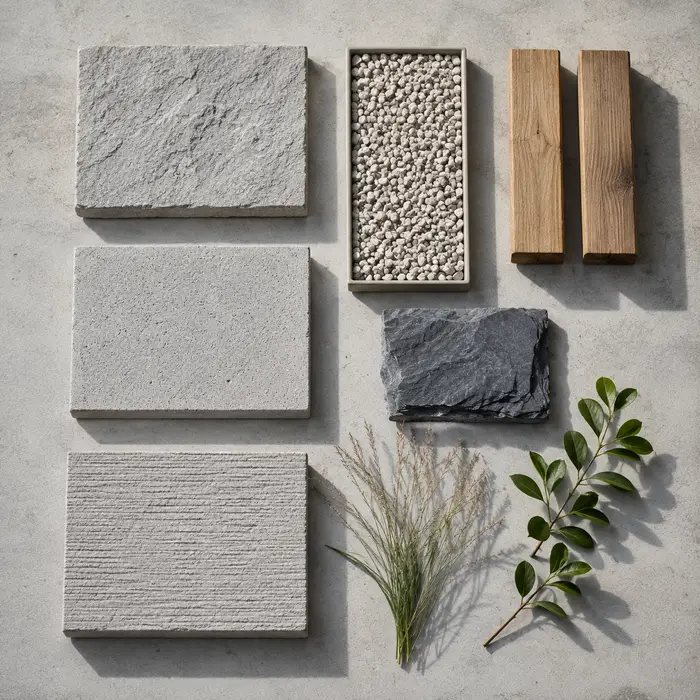 AI-generated overhead material study with gray paving samples, a gravel tray, timber, slate and plant sprigs; not a supplier selection.