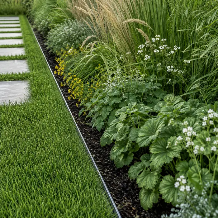 AI-generated close study of steel edging between a lawn and grasses with white and yellow flowers; not a maintained property.