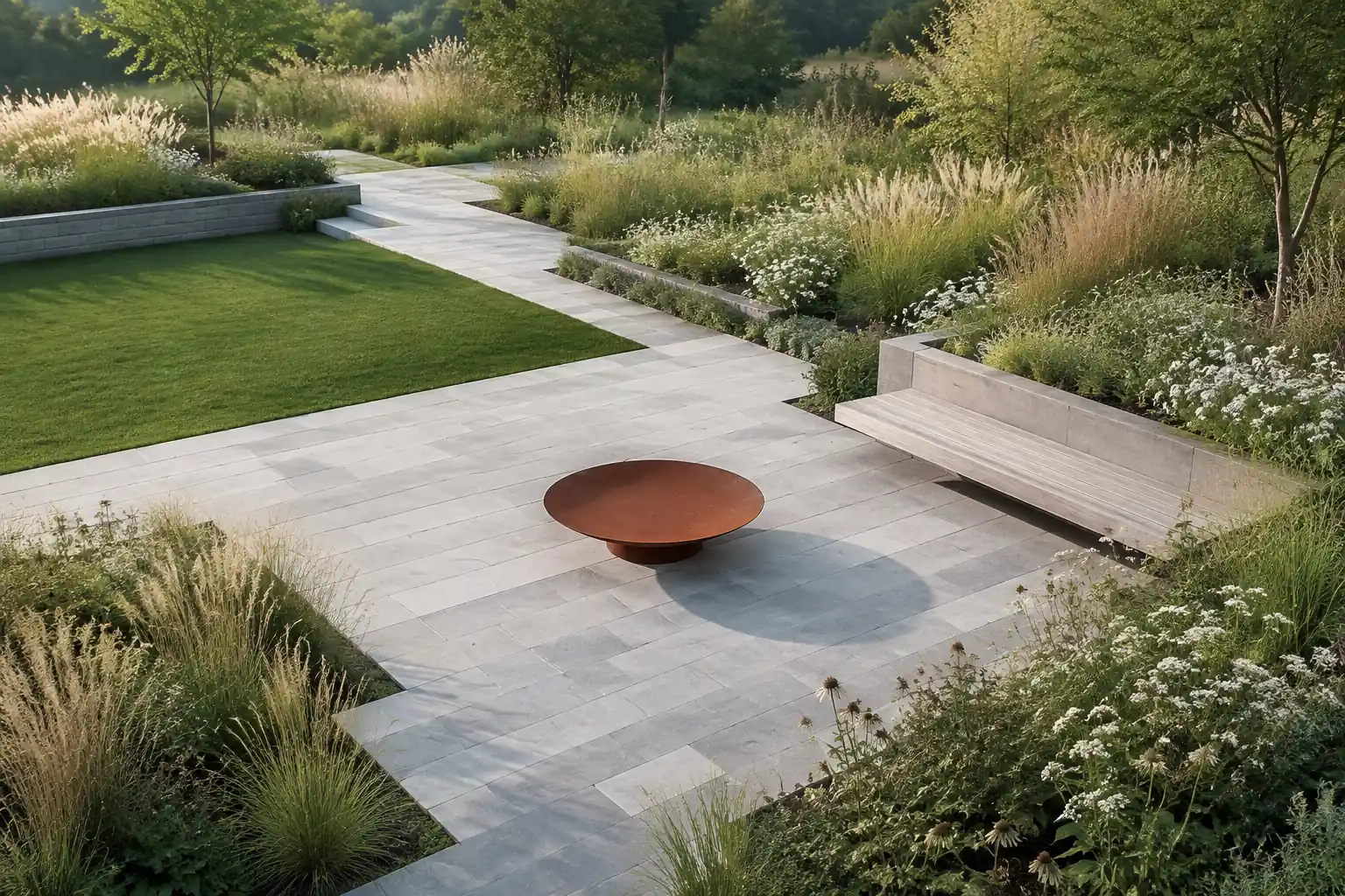 AI-generated garden study with a paved terrace, unlit fire bowl, bench, lawn and layered planting; not completed work.